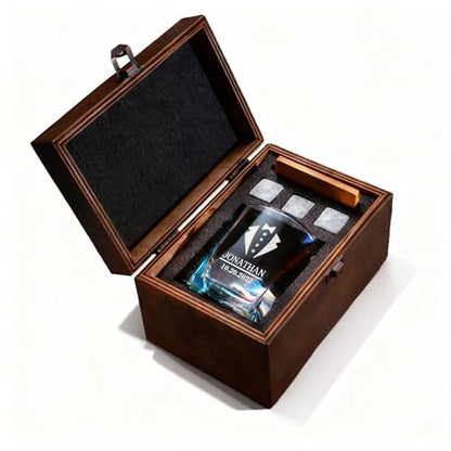 Personalized Whiskey Glass Gift Set – 10.25 oz Engraved 1 Bourbon Glass & 3 Stones & 1 Wooden Coaster with Wooden Box,Old Fashioned Cocktail Glass, Groomsmen & Father’s Day Gift.