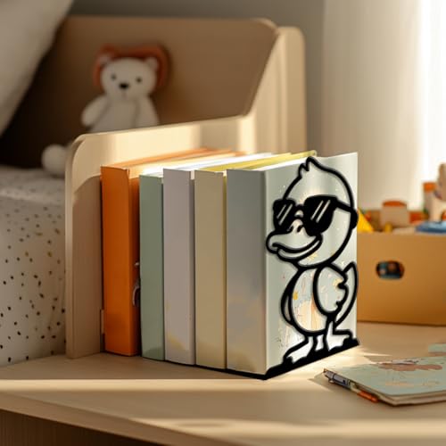 5.3"x4.3"x7.9" Metal Bookends, Heavy Duty Book Ends for Shelves | Cute Duck with Sunglasses Theme Cast Iron Book Supports, 1 Pair Decor Stoppers for Desk, Library, Office & Home Shelves - style: Cute Duck with Sunglasses