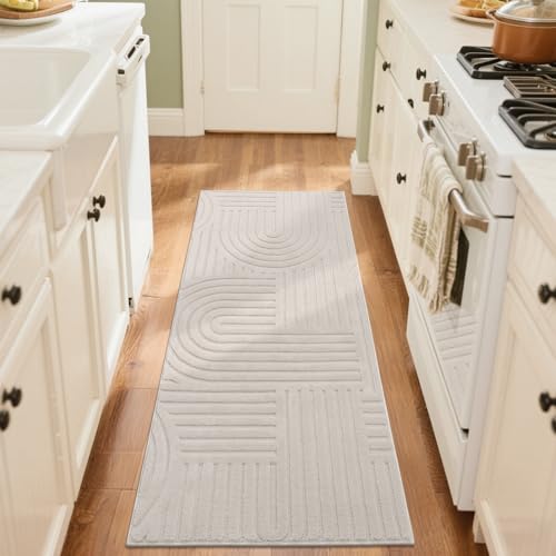 SHACOS Soft Cozy Fluffy Arch Pattern High-Low Pile Runner Rugs 2'x5' Non Slip Washable Scandinavian Minimalist Rug Runner Modern Geometric Carpet for Bedroom Bathroom Hallway Living Room, Beige - color: Beige, size: 2'x5'