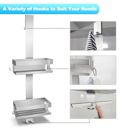 Shower Caddy Hanging, Over Frameless Glass Door Shower Shelf, Silver | SUS304 Stainless Steel, Bathroom Organizer/Rack No Drilling