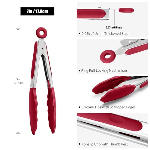 Doosu 600°F Heat Resistant Kitchen Food Tong for Cooking with Non-Scratch Silicone Tips (7in, Red) & 600°F Heat Resistant Spatula Set of 2 for Kitchen Cooking Baking Stirring (Red+Aqua Sky)