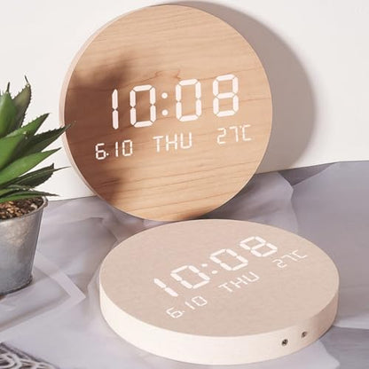 Wooden Silent Non-Ticking Wall Clock, Wood Moon Cordless Aesthetic Modern Alarm, Large LED Digital Round Clock for Living Room Bedroom -Display With Date,Temperature&Calendar(Brown Rechargeable) - size: Brown Rechargeable