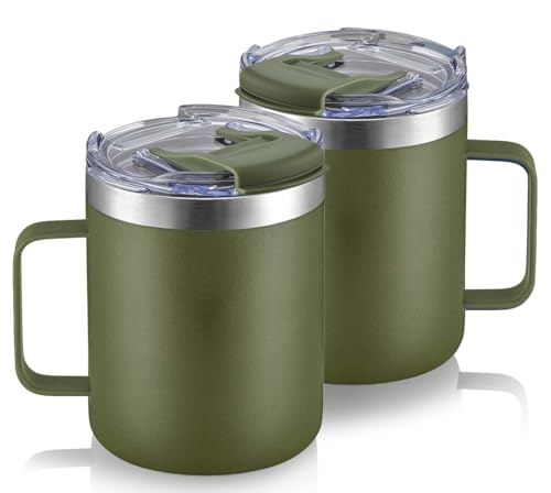 12oz Insulated Travel Coffee Mug with Handle, Army Green, 2 Pack | Stainless Steel Coffee Tumbler with Lid, Double Wall Vacuum Thermal Cup for Camping - color: Fliping Lid: Army Green, size: 12 Ounces (Pack of 2)