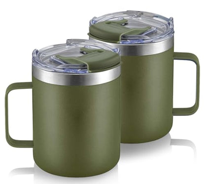 12oz Insulated Travel Coffee Mug with Handle, Army Green, 2 Pack | Stainless Steel Coffee Tumbler with Lid, Double Wall Vacuum Thermal Cup for Camping - color: Fliping Lid: Army Green, size: 12 Ounces (Pack of 2)