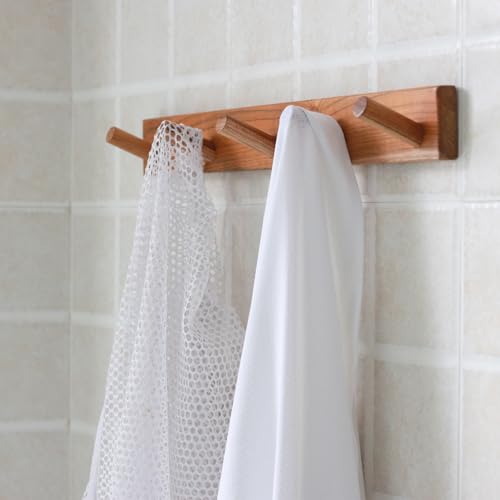 Natural Teak Wall-Mounted Coat Rack (Set of 2, 16'' Hole to Hole) - Farmhouse Entryway Hooks with 5 Wooden Hooks Each, Rustic for Bathroom, Mudroom 2P - color: Teak wood 1-2P