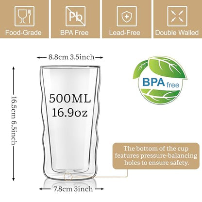 Joeyan Double Walled Insulated Tumbler,15 oz Beer Cocktail Glass Cups Highball Drinking Glasses,Double Lined Borosilicate Smoothie Hot Beverage Tea Coffee Glassware,Set of 2 - color: 15 oz Double Walled Insulated Tumbler