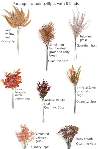 Serra Flora Artificial Greenery Stems Filler Combo Box Set,48pcs with 8 Kinds of Faux Foliage Picks for DIY Bridal Bouquets Wedding Flowers Arrangement Party Table Centerpieces - color: Brown &Orange