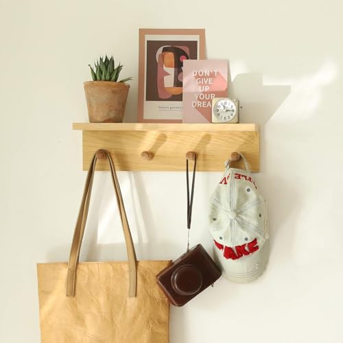 Small Entryway Shelf with Hooks, Wall Mounted Coat Rack with Shelf for Small Spaces, Wooden Floating Wall Organizer for Entryway, Mudroom, Nursery, Bathroom & Kitchen (Oak Finish) - color: Oak Finish