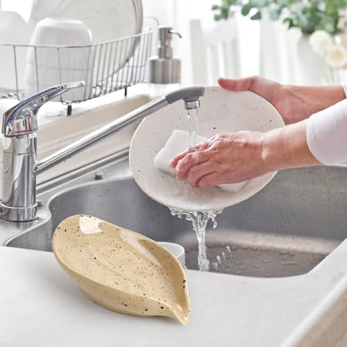 Soap Holder, Self Draining Soap Dish, Leaf Shape Bar Soap Holder Ceramic Drain Soap Dishes for Bathroom Sink Shower Kitchen, Easy to Clean Keeps Soap Dry, ANTIS'S HOME - color: Lightcurry-1pcs-enhanced Draining