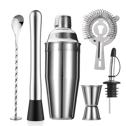 ZPUFAW 6-Piece Cocktail Shaker Set Bartender Kit Drink Shaker Bar Set | 24oz Martini Shaker, Strainer, Muddler, Jigger, Mixing Spoon, Pour Spout, Recipe Guide Stainless Steel Set Housewarming Gift