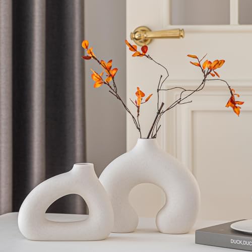 COTYNI White Ceramic Vase Set of 2 for Modern Home Decor, Round Matte Donut Vases for Pampas Grass, Boho Nordic Minimalism Style Modern Flower Vases for Living Room Table Bookshelf Office Bedroom