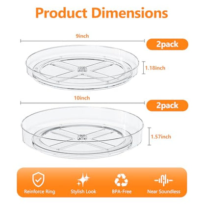 4 Pack Clear Lazy Susan, 9+10 Inch Turntable Organizer, Non-Skid Rotating Tray for Cabinet, Kitchen Pantry Organization and Storage, Acrylic Spinner for Refrigerator, Bathroom Vanity and Spice Rack - size: 9+10inch - 4 Pack