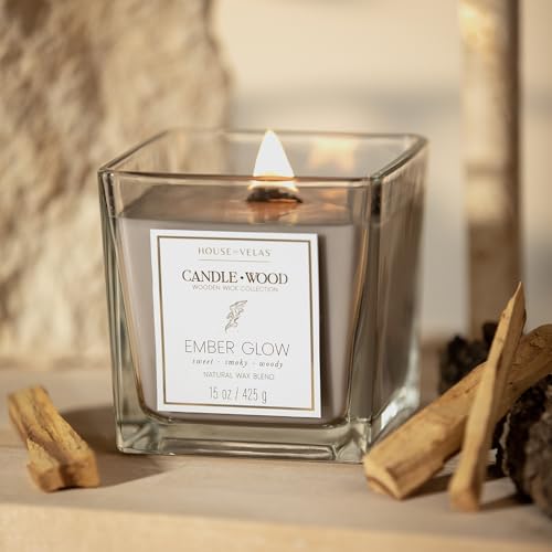 Candle Wood Collection, 15 oz, 1 Wooden Wick, Ember Glow, Square Glass Jar Candle