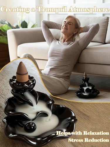 Waterfall Incense Burner, Backflow Incense Holder Lotus Ceramic Censer Cones Sticks Porcelain Holder for Aromatherapy Cones Relaxation, Purification, Meditation, Yoga