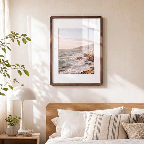 Acovy 16x24in Picture Frame, Natural Solid Walnut Handcrafted Wooden Photo Frame, Dual Use for Wall Mount, Matted to Fit 12"x18" Photos, HD Tempered Glass, Pre-Installed Stand & Hanging Hook - color: Walnut, size: 16x24in