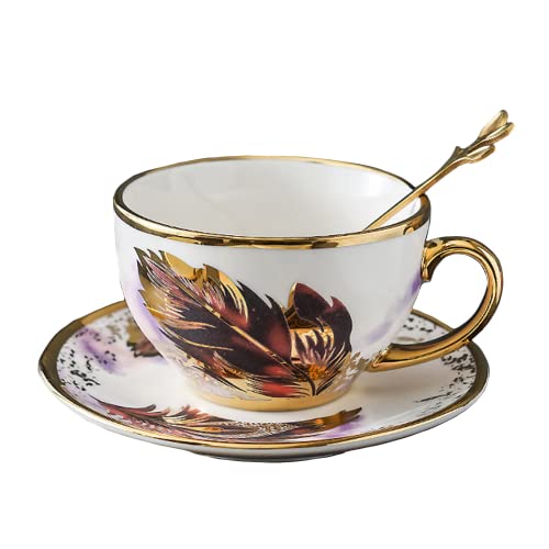 Golden Handle Ceramic Tea Cups, Vintage Feather Pattern Espresso Coffee Mug Set with Saucer & Spoon, 7.74 Oz, Style 2 - color: Red