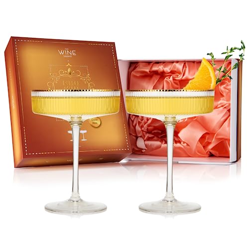Vintage Art Deco Coupe Glasses, Martini, Champagne & Cocktail Ribbed Glass 7 oz | Set of 2 | Crystal, Manhattan, Cosmopolitan, Sidecar Cocktail Glassware for Champagne , Ripple Glassware - Gift Box - color: Gold Rim, size: 7 oz (Set of 2)