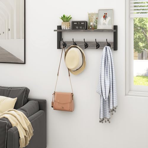 Wall Hooks with Shelf, Coat Rack Wall Mount, Entryway Shelf with Hooks for Clothes, Backpack, Key, Purse - Rustic Grey - color: Rustic Grey, size: 17.1 Inch Long