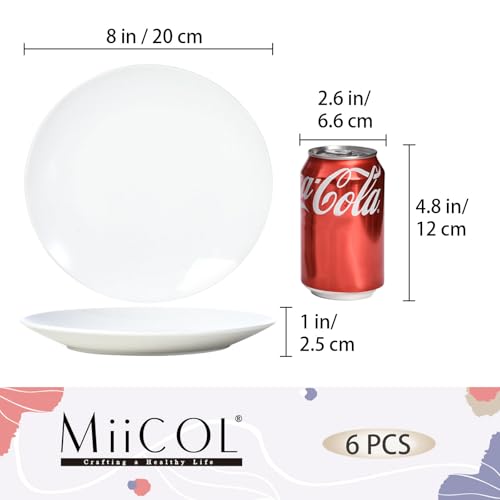 Miicol Ceramic Appetizer Plates Set of 6, White Dessert Plates 8 Inch, Small Dinner Plates, Modern Round Salad Plates, Porcelain Serving Dishes for Snack, Bread, Fruit, Microwave & Dishwasher Safe - color: White