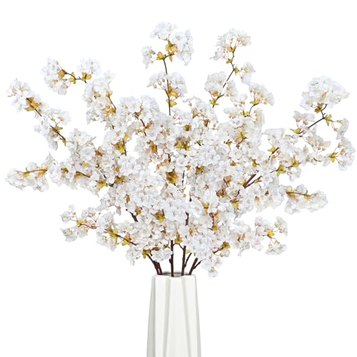 5 Pcs Artificial Cherry Blossom Branches 39'' Cherry Blossom Tree Decor | Long Stems White Faux Cherry Stems Real Touch Silk Flowers Vase Arrangements for Wedding Home Decor - color: White, size: Pack of 5