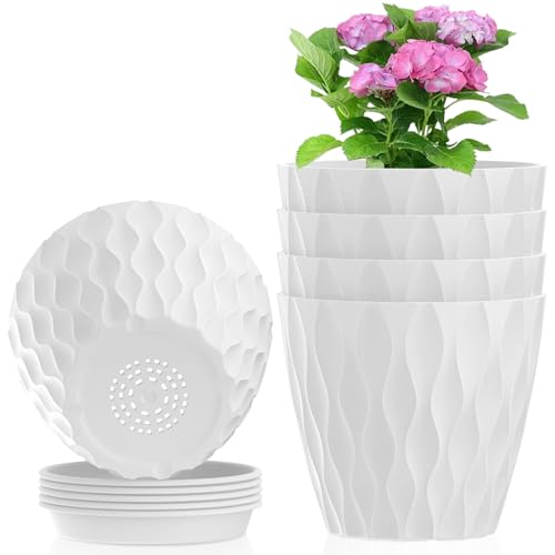 Meowell 6 inch Flower Pots, 5 Pack Plant Pots for Indoor Outdoor Plants, Water Ripples Plastic Planters with Drainage Holes and Saucers, Nursery Pots for Small Succulent Garden House Plants, White - color: White, size: 6 in 5pcs