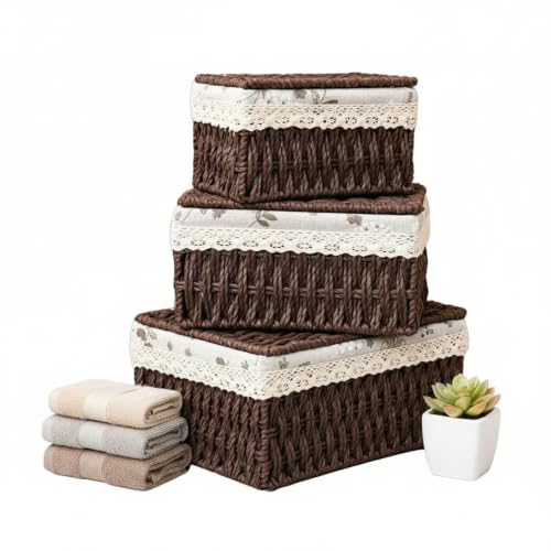 3 Pcs Woven Storage Baskets, Small Woven Basket Set with Liner, Decorative Nesting Organizer Bins, for Bathroom, Kitchen, Shelves, Dressers, Coffee Color
