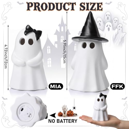 Fumete 2 Pcs Halloween Decorations - Spooky Resin Ghost Light up Cute Ghost Couple with Witch Hat and Black Bow, Halloween Indoor Figurines for Mantel, Shelf & Tabletop Home Party Decor - style: Couple Ghosts