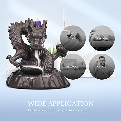 Ceramic Dragon Backflow Incense Holder Waterfall Incense Burner, Smoke Incense Holder, with 70 Backflow Incense Cones + 50 Incense Stick, 1 Mat, 1 Tweezers Home Decor (Brown-Dragon) - color: Brown-dragon