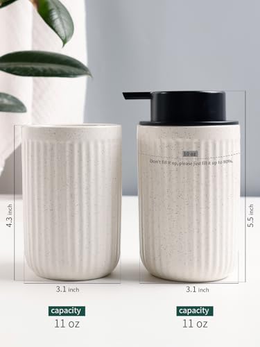 Bosilunlife Soap Dispenser and Toothbrush Holder Set - 11Oz Foam Soap Dispenser Pump Ceramic Bathroom Counter Soap Toothbrush Holder Set Beige Bathroom Accessories Set - color: Beige-cylindrical Stripes Foam