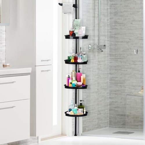 360° Rotating Corner Shower Caddy Organizer Tension Pole, 4-Tier Adjustable Rustproof Corner Shelf with Metal Pole for Inside Shower, Extra Towel Bar & Soap Dish, Bathroom Storage for Bathtub, Black