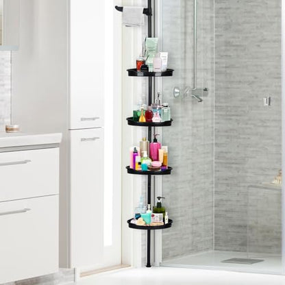 360° Rotating Corner Shower Caddy Organizer Tension Pole, 4-Tier Adjustable Rustproof Corner Shelf with Metal Pole for Inside Shower, Extra Towel Bar & Soap Dish, Bathroom Storage for Bathtub, Black