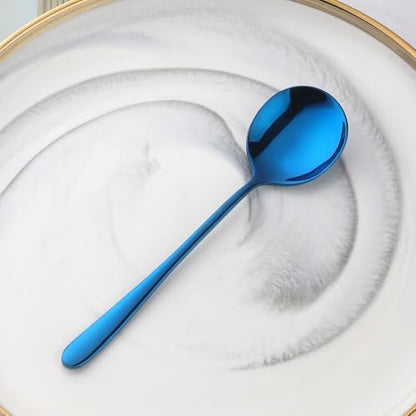 4-Pcs Stainless Steel Round Soup Spoons, 6.88 Inch, Heavy-Weight, Set of 4 - size: 4 pcs Blue