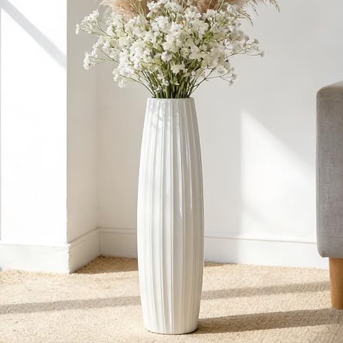 White Tall Ceramic Floor Vase, 28 Inch, Ribbed Drum Design | Glossy Glazed Finish, Spacious Rooms, Statement Corners, Fireplace, Dried Branches - color: Vertical Stripes, size: Height-28 Inch