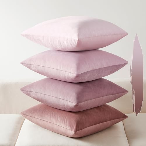 Softalker Velvet Throw Pillow Covers 16x16 Set of 4, Luxury Soft Plush Decorative Pillow Cases, Rich Texture Neutral Modern Cushion Covers for Sofa Couch Bed Home Decor Living Room - Pink Gradient - color: Multi Light Pink, size: 16" x 16" (Pack of 4)