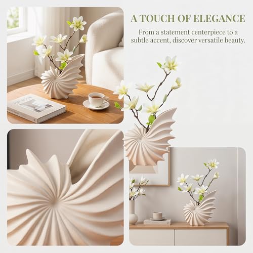 White Ceramic Seashell Vase for Pampas Grass and Flowers | Modern Tabletop Coastal Home Decor Accent for Living Room, Coffee Table, Entryway, Bookshelf and Dining Table