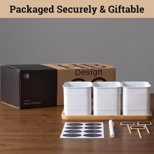Herb Planter Indoor, 3-pc Herb Pots w/ Drainage Holes, Bamboo Tray & Labels | Iron Herb Pots, Varnished Bamboo Tray with Anti-Skid Base, Customizable Oval Sticker and Stick Labels & Chalkboard Marker Pen - color: White