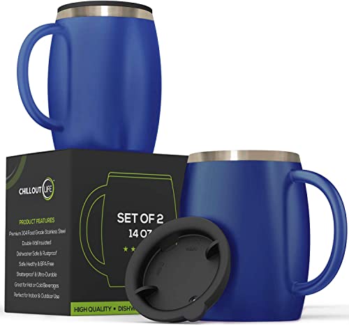 CHILLOUT LIFE Stainless Steel Insulated Coffee Mugs Set of 2 (14oz) – Double Wall Coffee Cups With Spill Resistant Lid & Strong Handle – Shatterproof Cups for Cold Drinks & Hot Beverages - color: Navy Blue