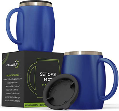 CHILLOUT LIFE Stainless Steel Insulated Coffee Mugs Set of 2 (14oz) – Double Wall Coffee Cups With Spill Resistant Lid & Strong Handle – Shatterproof Cups for Cold Drinks & Hot Beverages - color: Navy Blue
