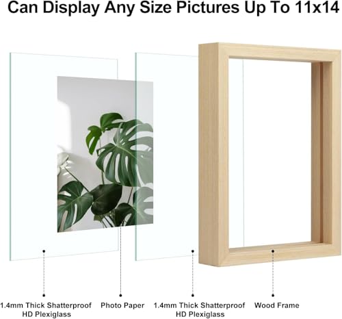 Egofine 11x14 Floating Frames Set of 4, Double Plexiglass Picture Frame, Made of Solid Wood Display Any Size Photo up to 11x14, Wall Mount or Tabletop Standing, Natural Wood - color: Natural Wood, size: 11x14 Set of 4