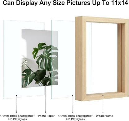 Egofine 11x14 Floating Frames Set of 4, Double Plexiglass Picture Frame, Made of Solid Wood Display Any Size Photo up to 11x14, Wall Mount or Tabletop Standing, Natural Wood - color: Natural Wood, size: 11x14 Set of 4