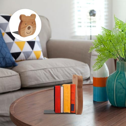 Cabilock 2 Pieces Book Stoppers: Wooden Bear Bookends for Shelves - Metal Base Non-Skid Book Ends for Bookshelf Decoration Home Office School Supplies