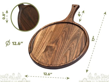 Round American Dark Walnut Wood Cutting and Serving Board with Handle - Charcuterie Wooden Board - Stylish Versatility for Your Kitchen - 17x13x0.8 in - Woodie Poppins (Large)