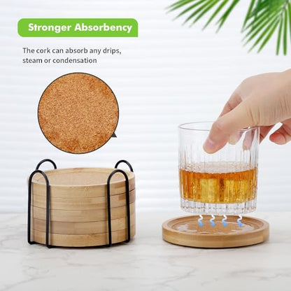 Bamboo Cork Coasters for Drinks Absorbent with Holder Set of 6, Bamboo Coasters for Drinks Coaster Sets Rustic Farmhouse for Coffee Table Dining Table Set of 6 4.33in