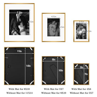 Frametory 7 Pack Aluminum Picture Frame with Mat for Gallery Wall, Bronze | Set includes one 11x14, two 8x10, four 5x7 frames with glass fronts, removable mats, and built-in hangers for wall mounting - color: Bronze