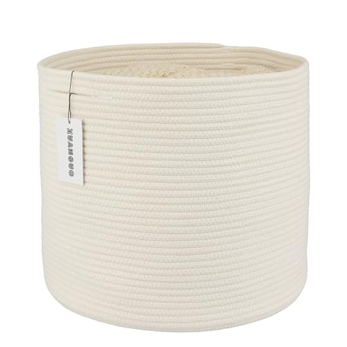 XUANGUO Cotton Rope Basket For Girls Boys Kids 16”X14” White | Baby Laundry Baskets, Blanket Basket, Nursery Bin; Round Woven Basket Organizer for Toy Storage, Blankets, Shoes and Clothes - color: white