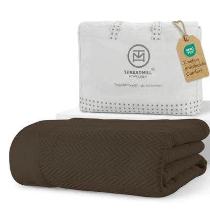 Threadmill Luxury Cotton Blankets for Queen Size Bed | All-Season 100% Cotton Queen Size Blanket | Herringbone Cozy, Soft Breathable Fall Thermal Blanket fits Full Size Bed | Espresso - color: Espresso, size: Queen (90" x 92")