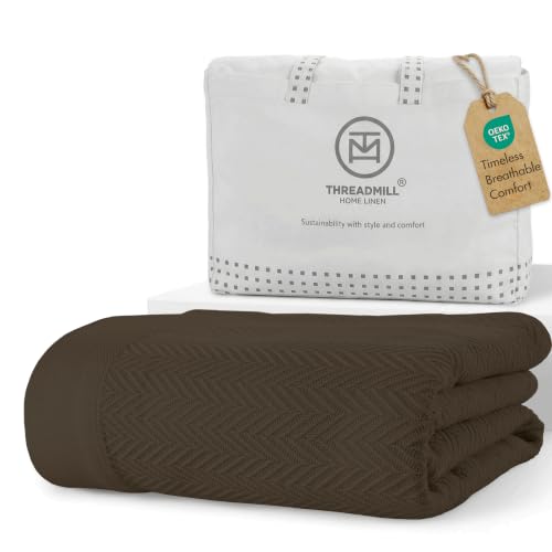 Threadmill Luxury Cotton Blankets for Queen Size Bed | All-Season 100% Cotton Queen Size Blanket | Herringbone Cozy, Soft Breathable Fall Thermal Blanket fits Full Size Bed | Espresso - color: Espresso, size: Queen (90" x 92")