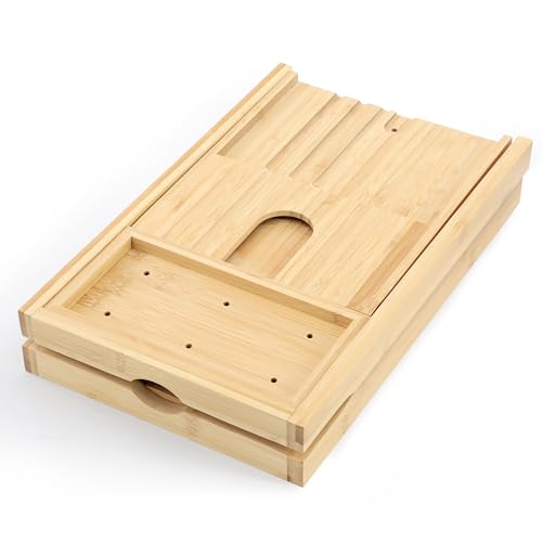 Elama Expandable Bamboo Bath Tray, Adjustable Bathtub Caddy with Book & Tablet Holder, Wine Glass Slot, and Spa Accessory Compartments