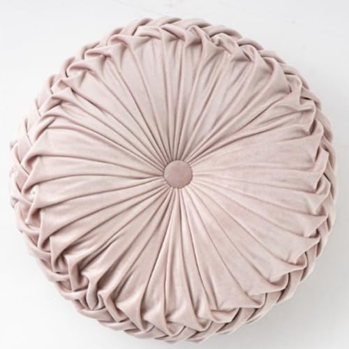 OUKEYI 13.8 inch Round Sofa Cushion Pure Color Velvet Pillow, Pleated Round Cushion, Pumpkin Pillow Suitable for Home Bed car Decoration (Pink) - color: Pink