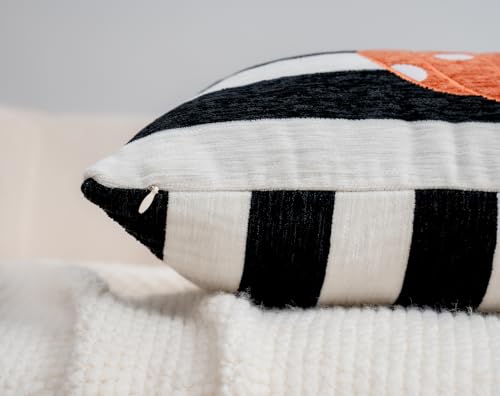 Embroidery Fall Pumpkin Pillow Covers Set of 2(Black & White,12x20) | Soft chenille, black-and-white stripe design, applique pumpkin and sunflower embroidery, hidden zipper, for sofa and bed - size: 20" x 12" (Pack of 2)